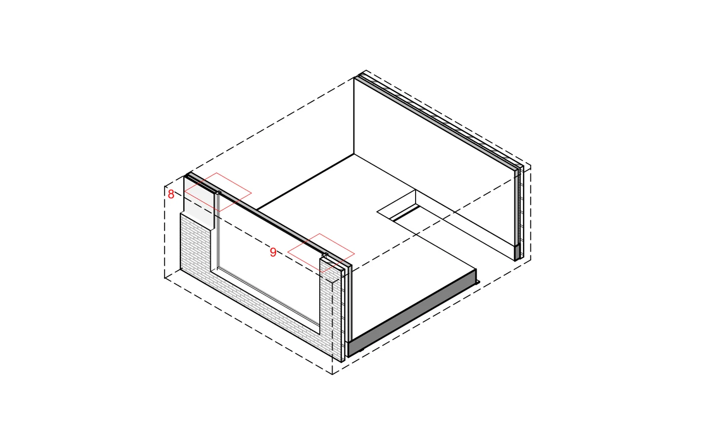 Isometrische detailtekening van kozijnen en aansluitingen aan de Egelskopstraat