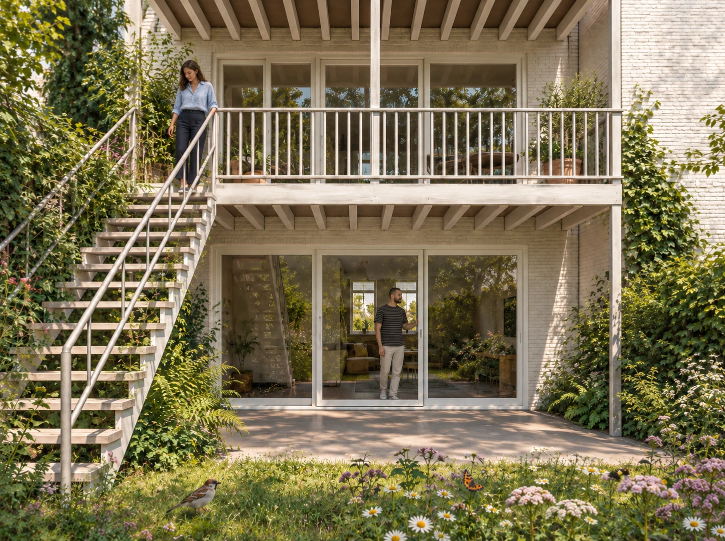 Visualisatie van de achtergevel aan de Gerard Doustraat met balkon en buitentrap