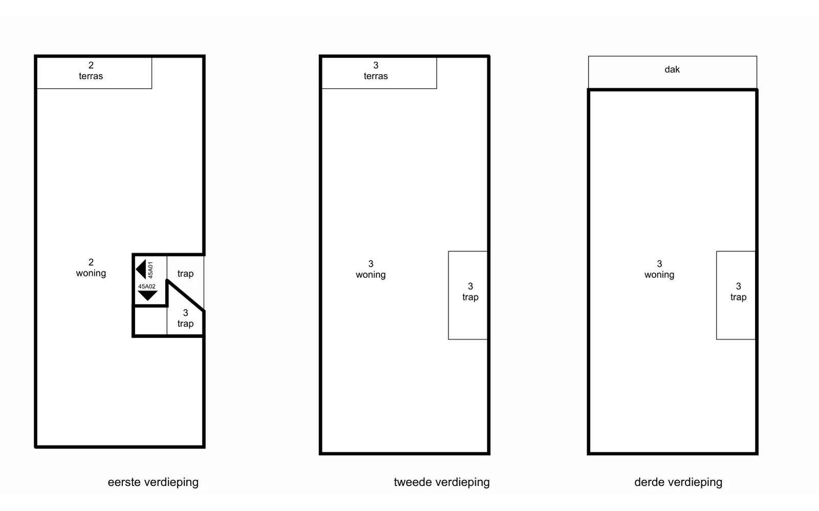 Bouwkundige tekening van Moerkerkestraat 45 A01/B01/B02